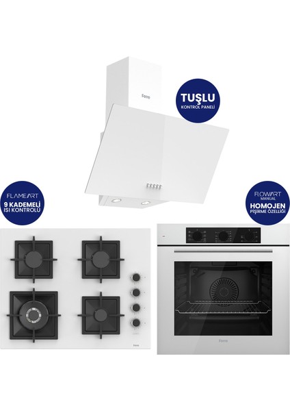 Flowart Turbolu Beyaz Cam Ankastre Set ( 65 cm Woklu Ocak ) QBL62CB - SC406 - D087