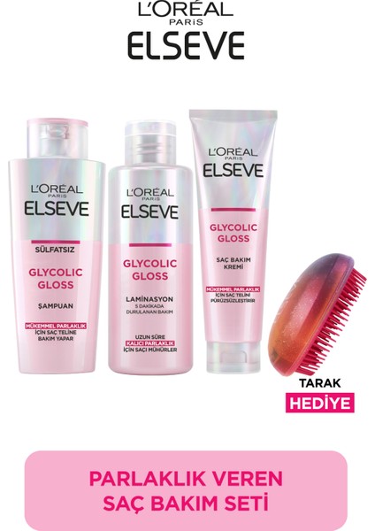 Glycolic Gloss Mükemmel Parlaklık 3'lü Saç Bakım Seti: Şampuan , Saç Kremi, Laminasyon + Elseve Tarak Hediye
