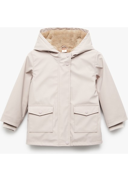 Peluş Detaylı Kapaklı Cepli Uzun Kollu Kapşonlu Kaban