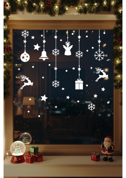 Sevimli Yıldızlar Geyikler Kar Taneleri ve Yılbaşı Vitrin Stickerları Cam Kapı Duvar Yılbaşı Stickerı 70X70CM modelleri
