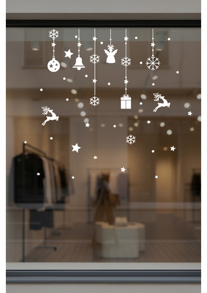 Sevimli Yıldızlar Geyikler Kar Taneleri ve Yılbaşı Vitrin Stickerları Cam Kapı Duvar Yılbaşı Stickerı 70X70CM indirimleri