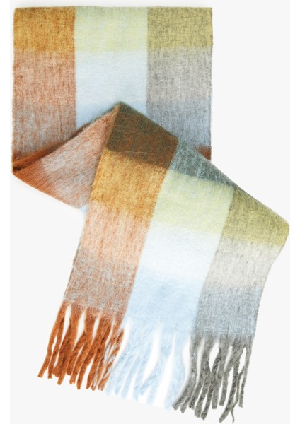 Yumuşak Dokulu Ekoseli Püsküllü Uzun Atkı