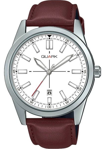 QM-VD02L-7E Metal Kasa Deri Kordon Takvimli Erkek Kol Saati