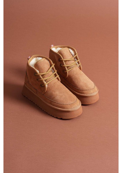 Venessa Kadın Mini Taba Süet Bağcıklı Içi Tüylü Düz Taban Bot