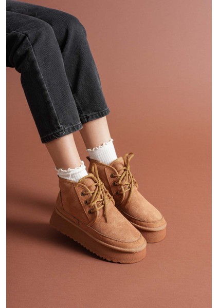 Venessa Kadın Mini Taba Süet Bağcıklı Içi Tüylü Düz Taban Bot fiyatları