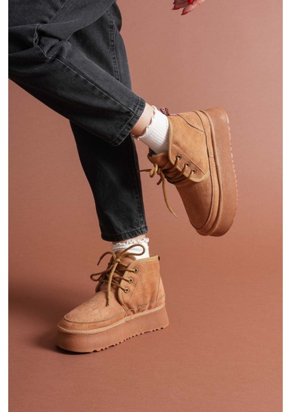 Venessa Kadın Mini Taba Süet Bağcıklı Içi Tüylü Düz Taban Bot fırsatları