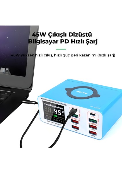 Relıfe RL-304S | 110W Güçlü 1+8 Çok Fonksiyonlu Hızlı Şarj Istasyonu (45W Pd Laptop Şarjlı, 15W Kablosuz, Dijital Ekranlı Tester)