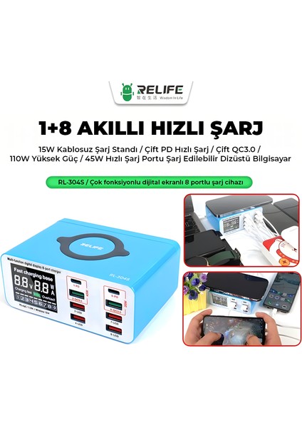 Relıfe RL-304S | 110W Güçlü 1+8 Çok Fonksiyonlu Hızlı Şarj Istasyonu (45W Pd Laptop Şarjlı, 15W Kablosuz, Dijital Ekranlı Tester) modelleri