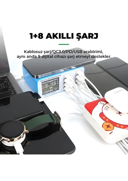 Relıfe RL-304S | 110W Güçlü 1+8 Çok Fonksiyonlu Hızlı Şarj Istasyonu (45W Pd Laptop Şarjlı, 15W Kablosuz, Dijital Ekranlı Tester) fırsatları