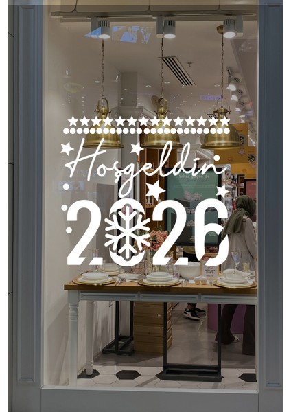 El Yazısı ile Hoşgeldin 2026 Yazısı ve Kar Tanesi Cam Vitrin Mağaza Süslemeleri - Beyaz