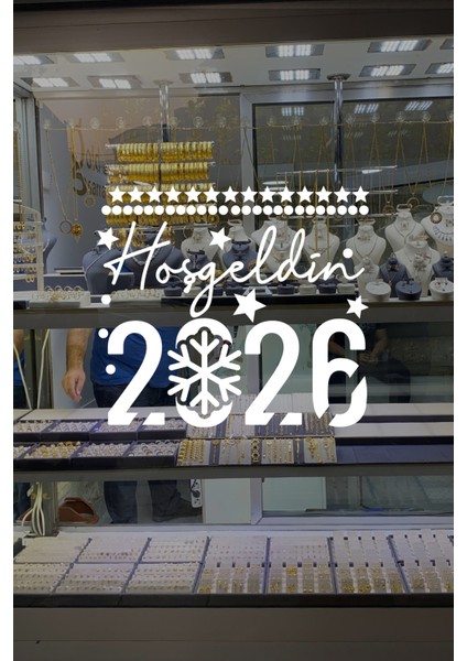 El Yazısı ile Hoşgeldin 2026 Yazısı ve Kar Tanesi Cam Vitrin Mağaza Süslemeleri - Beyaz modelleri