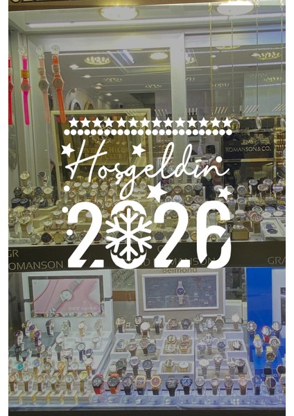 El Yazısı ile Hoşgeldin 2026 Yazısı ve Kar Tanesi Cam Vitrin Mağaza Süslemeleri - Beyaz fırsatları