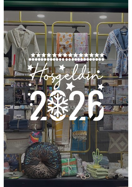 El Yazısı ile Hoşgeldin 2026 Yazısı ve Kar Tanesi Cam Vitrin Mağaza Süslemeleri - Beyaz indirimleri