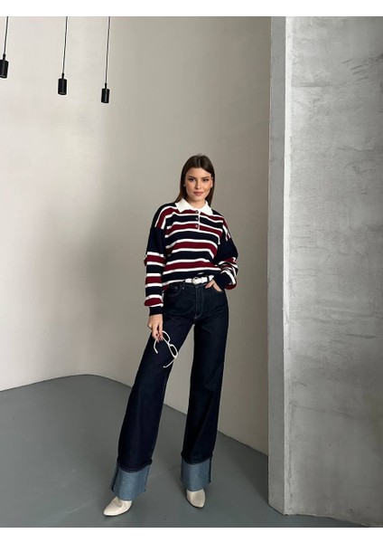 Çizgi Detaylı Düğme Yaka Triko Kazak modelleri