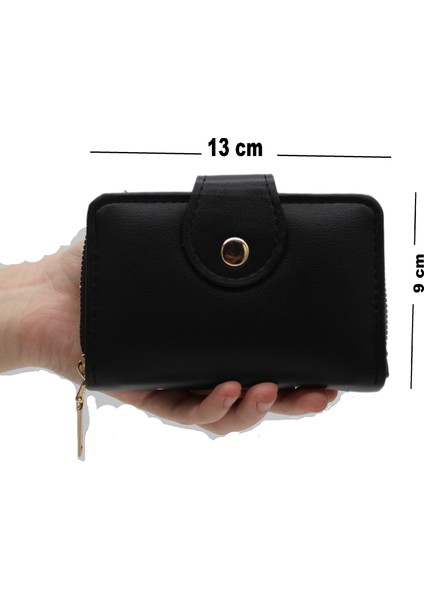 Bozuk Para Gözlü Bol Kartlıklı Siyah Mini Kadın Cüzdanı