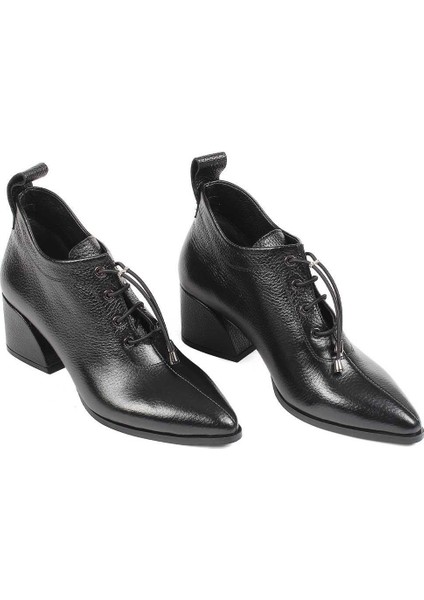 Kadın Siyah Kalın Topuklu Flotter Deri Ayakkabı