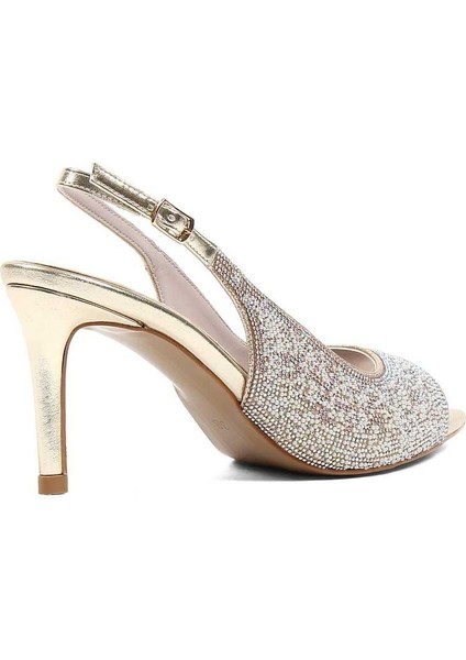 Kadın Altın Taşlı İnce Topuklu Abiye Ayakkabı