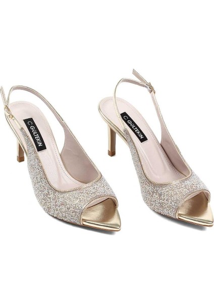 Kadın Altın Taşlı İnce Topuklu Abiye Ayakkabı