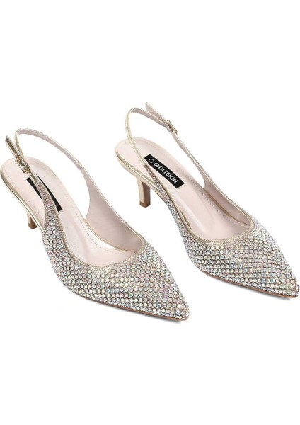 Kadın Altın Taşlı İnce Topuklu Abiye Ayakkabı