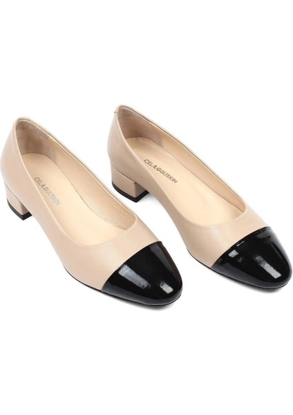 Kadın Bej Kısa Kalın Topuklu Siyah Rugan Deri Klasik Ayakkabı
