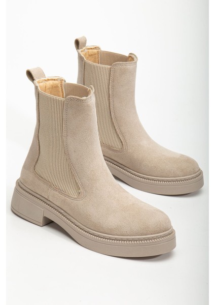 Kadın Lastikli Günlük Bej Süet Kalın Tabanlı Bot