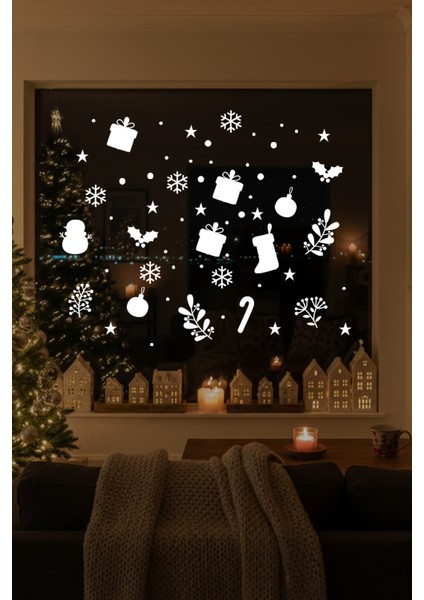 Kardan Adam Balonlar Taç Desenler Kar Tanesi ve Yılbaşı Vitrin Süslemeleri Yılbaşı Sticker - Beyaz