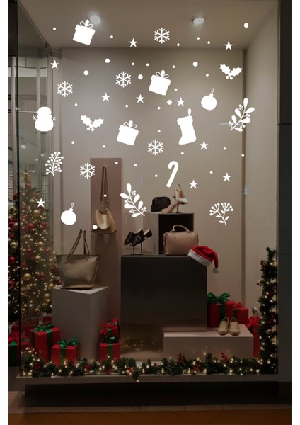 Kardan Adam Balonlar Taç Desenler Kar Tanesi ve Yılbaşı Vitrin Süslemeleri Yılbaşı Sticker - Beyaz modelleri