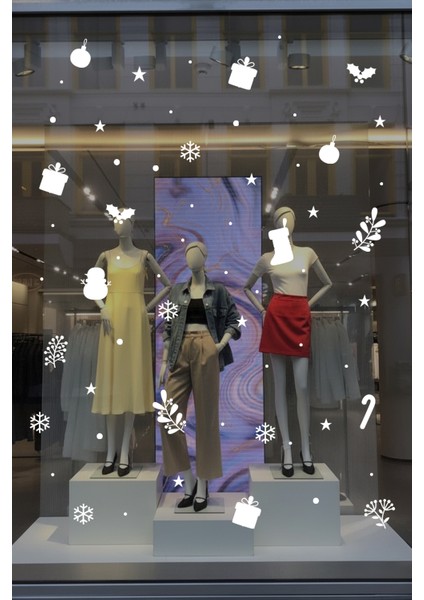 Kardan Adam Balonlar Taç Desenler Kar Tanesi ve Yılbaşı Vitrin Süslemeleri Yılbaşı Sticker - Beyaz fırsatları