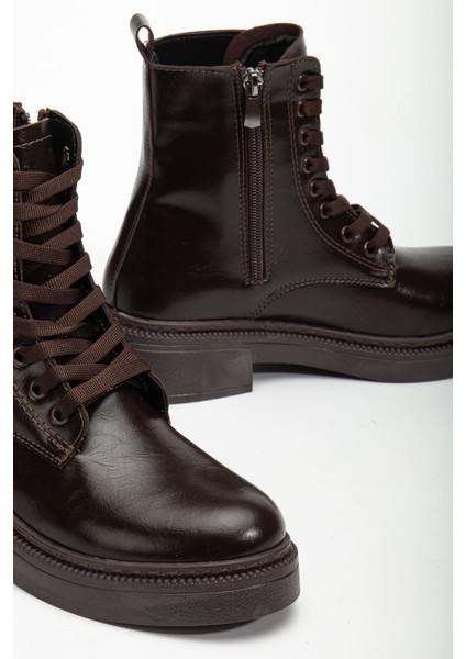 Kadın Parlak Günlük Kahverengi Cilt Kalın Tabanlı Postal Bot modelleri