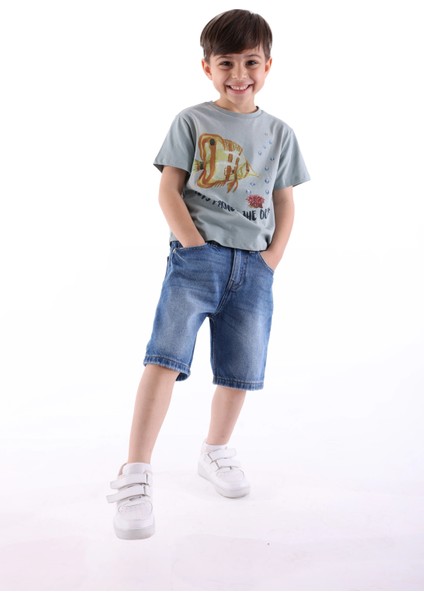 Organik Balık Baskılı Mavi Yazlık Erkek Çocuk Tshirt