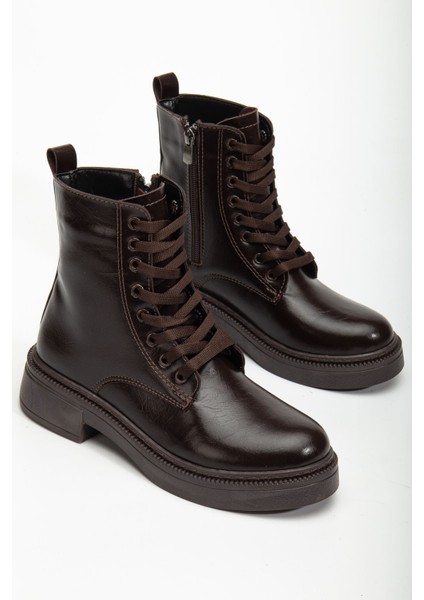 Kadın Parlak Günlük Kahverengi Cilt Kalın Tabanlı Postal Bot