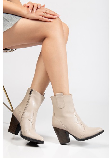 117 Bej Kovboy Dikiş Detaylı Fermuarlı Yüksek Topuklu Günlük Kadın Bot