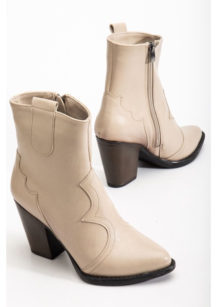 117 Bej Kovboy Dikiş Detaylı Fermuarlı Yüksek Topuklu Günlük Kadın Bot fırsatları