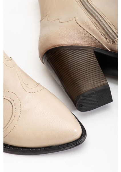 117 Bej Kovboy Dikiş Detaylı Fermuarlı Yüksek Topuklu Günlük Kadın Bot indirimleri