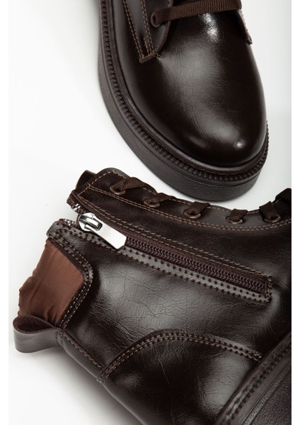 Kadın Kahverengi Cilt Bağcık ve Fermuarlı Postal Bot modelleri