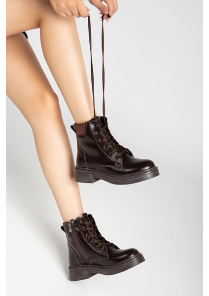 Kadın Kahverengi Cilt Bağcık ve Fermuarlı Postal Bot fırsatları