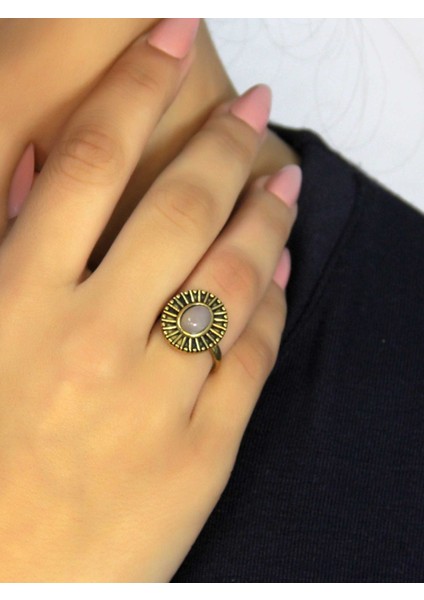 Doğal Taş Pembe Kuvars Yuvarlak Doğal Taşlı Antik Model Kadın Ayarlanabillir Yüzük EUY74PK