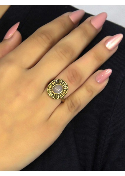 Doğal Taş Pembe Kuvars Yuvarlak Doğal Taşlı Antik Model Kadın Ayarlanabillir Yüzük EUY74PK fiyatları