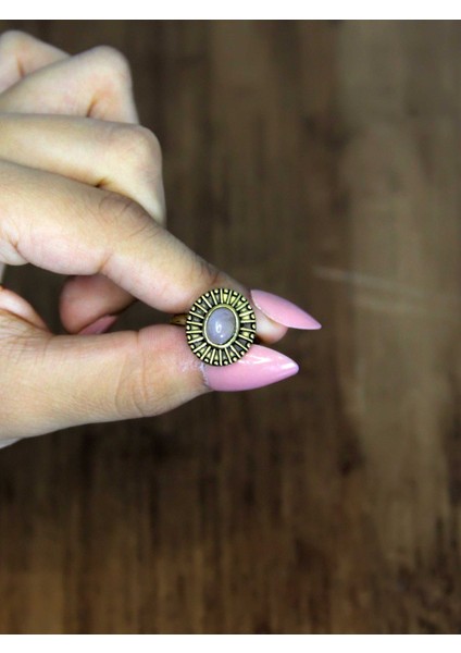 Doğal Taş Pembe Kuvars Yuvarlak Doğal Taşlı Antik Model Kadın Ayarlanabillir Yüzük EUY74PK modelleri