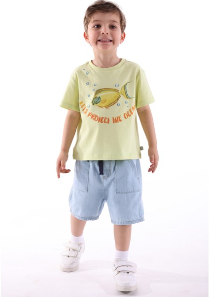 Organik Balık Baskılı Yeşil Yazlık Erkek Çocuk Tshirt
