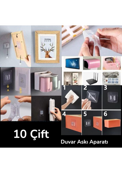 10 Çift Şeffaf Yapışkanlı Eşya Sabitleme Klipsi – Çift Taraflı Geçmeli Askı Aparatı | Dolap ve Duvar Için Pratik Sabitleyici Set