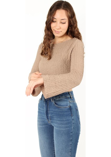 6552 (N-2034) Ispanyol Kol Bubble Raşel Crop Bluz