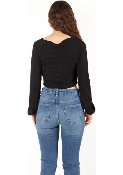 6552 (N-2034) Ispanyol Kol Bubble Raşel Crop Bluz