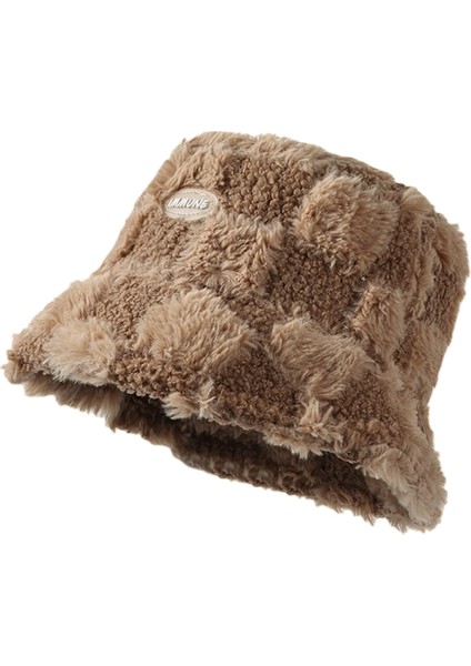 Sonbahar ve Kış Dama Tahtası Balıkçı Şapkası Kadın Kore Tarzı Kalın Sıcak Soğuk Geçirmez Moda Kuzu Derisi Kova Şapka (Yurt Dışından)