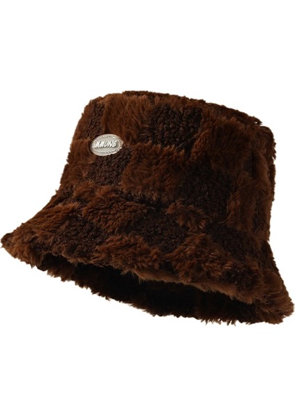 Sonbahar ve Kış Dama Tahtası Balıkçı Şapkası Kadın Kore Tarzı Kalın Sıcak Soğuk Geçirmez Moda Kuzu Derisi Kova Şapka (Yurt Dışından)