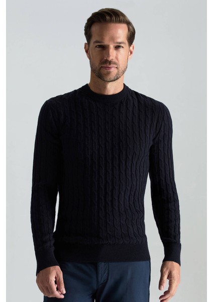 Lambswool Yün Saç Örgü Desenli Bisiklet Yaka Lacivert Kazak