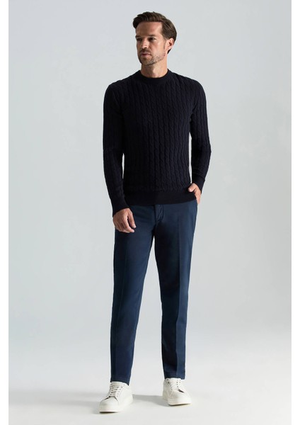 Lambswool Yün Saç Örgü Desenli Bisiklet Yaka Lacivert Kazak fiyatları