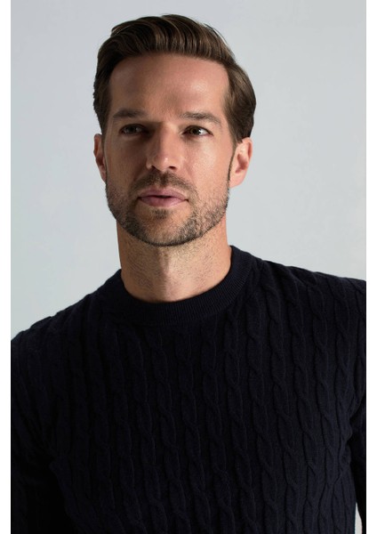 Lambswool Yün Saç Örgü Desenli Bisiklet Yaka Lacivert Kazak modelleri