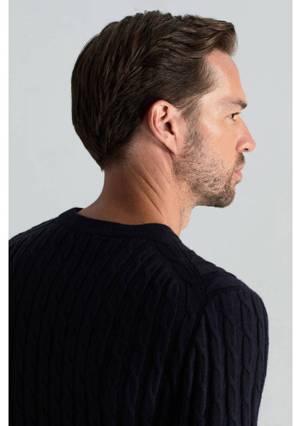 Lambswool Yün Saç Örgü Desenli Bisiklet Yaka Lacivert Kazak fırsatları