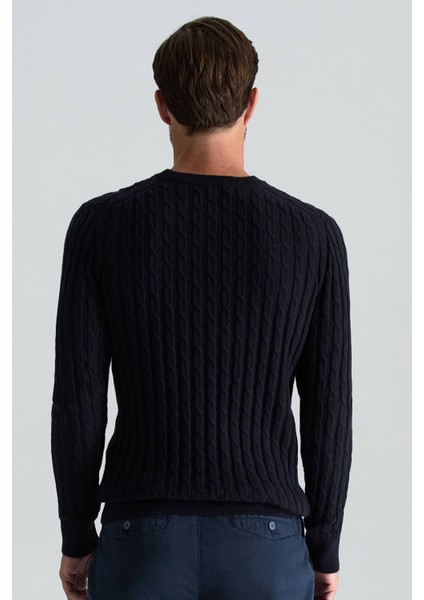 Lambswool Yün Saç Örgü Desenli Bisiklet Yaka Lacivert Kazak indirimleri